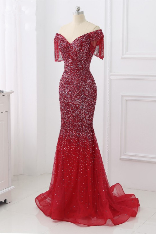 BMbridal Luxury Off-the-Shoulder Sequins Burgundy Mermaid Prom Dresses with Tassels