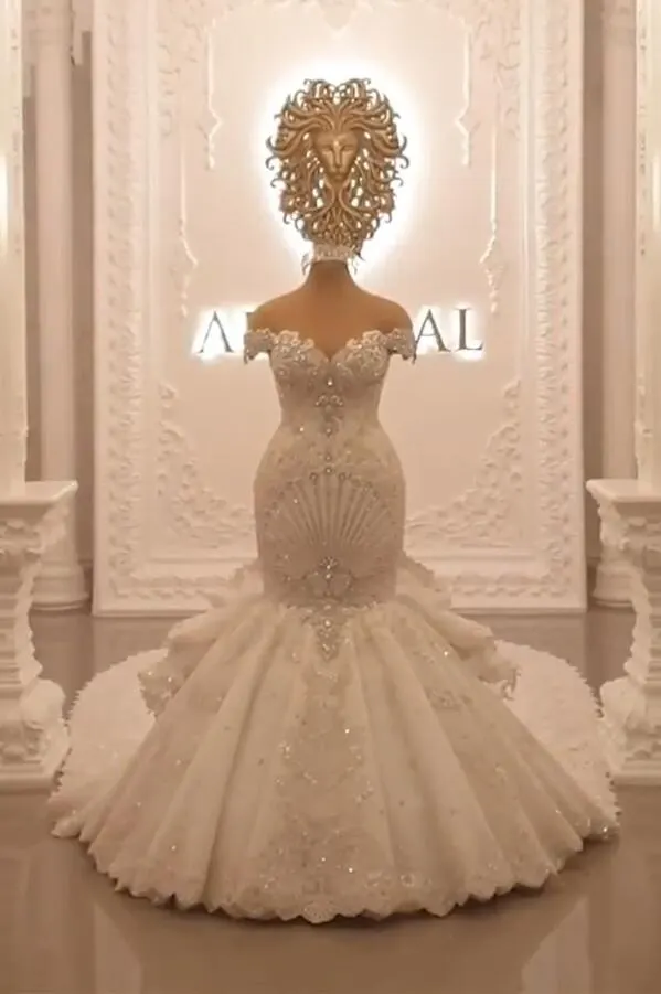 Gorgeous Floor-Length Backless Mermaid Off-The-Shoulder Wedding Dress with Crystal