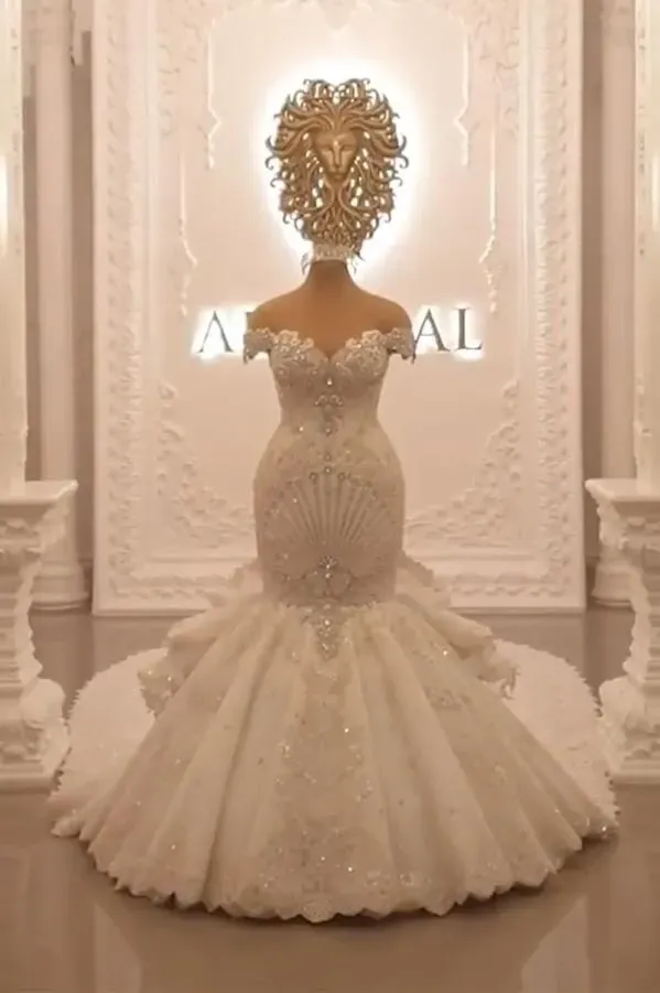 Gorgeous Floor-Length Backless Mermaid Off-The-Shoulder Wedding Dress with Crystal