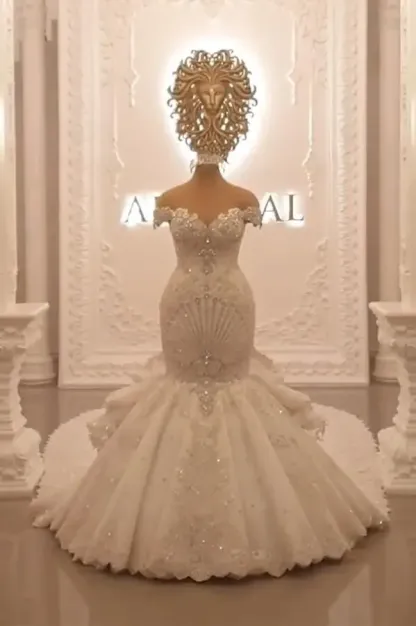 Gorgeous Floor-Length Backless Mermaid Off-The-Shoulder Wedding Dress with Crystal