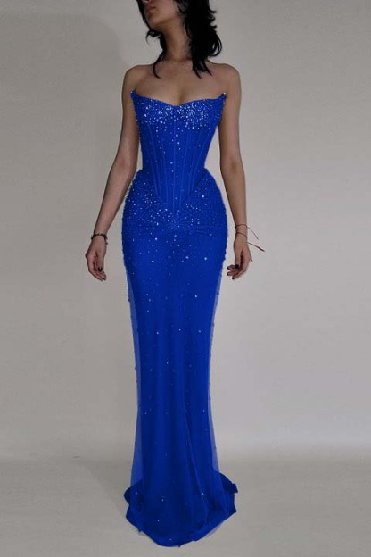 Strapless Sleeveless Mermaid Long Prom Dress With Beading Tulle