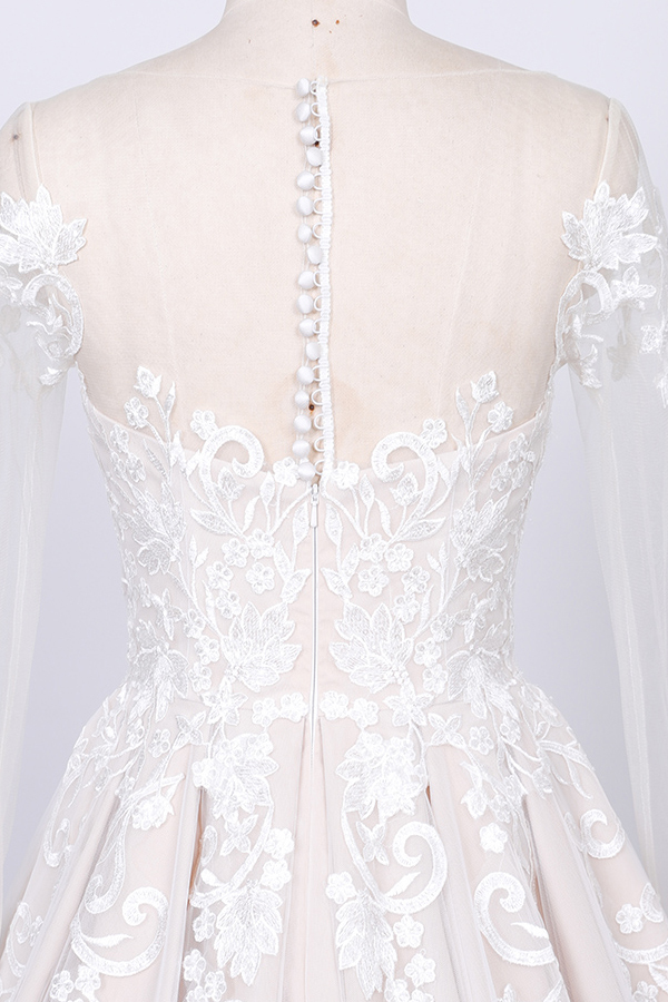 BMbridal Gorgeous Longsleeves Jewel A-line Wedding Dresses White Appliques Lace Bridal Gowns On Sale