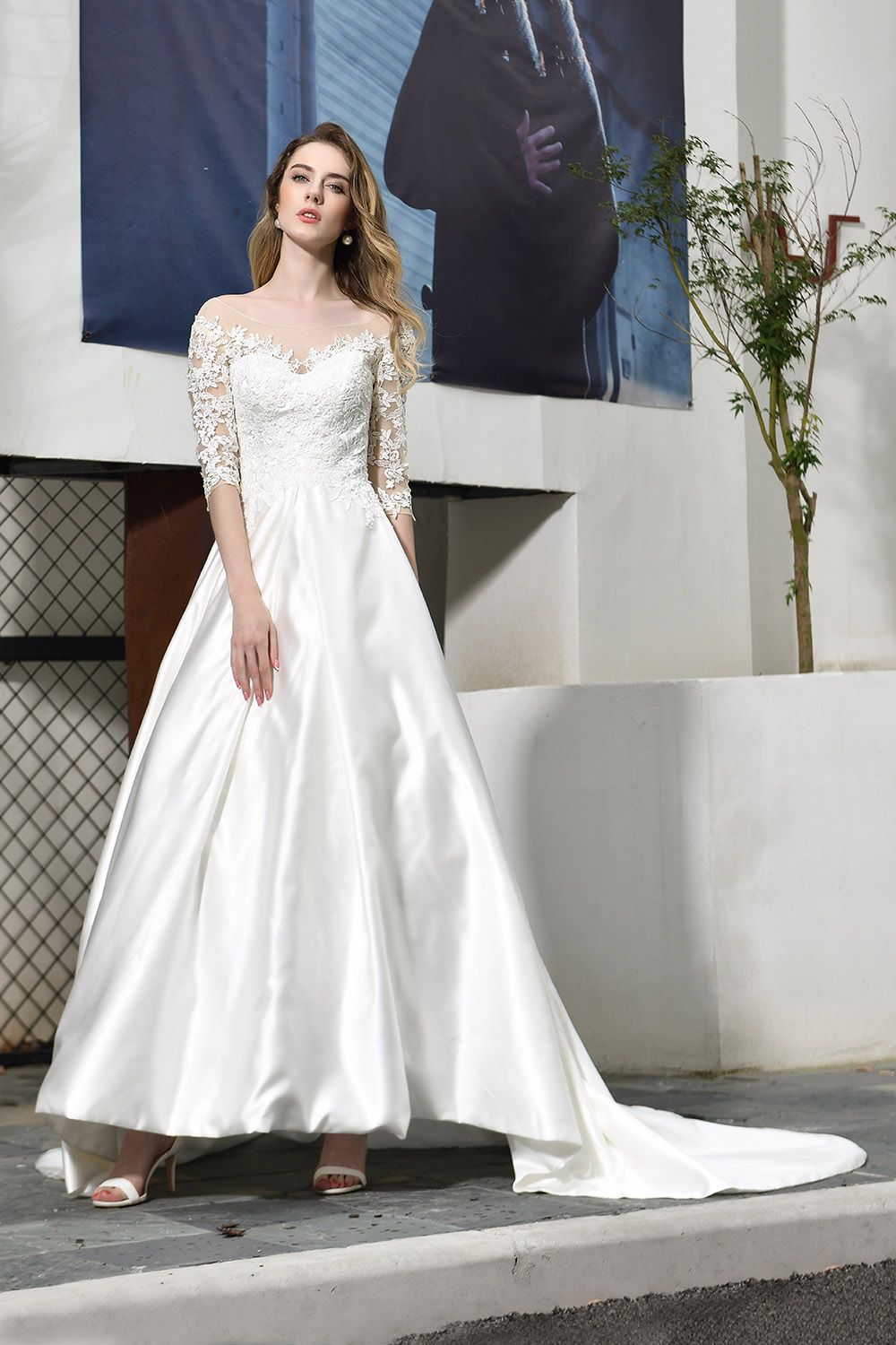 BMbridal Elegant A-Line Satin Lace 3/4 Sleeves Ankle Length Wedding Dress
