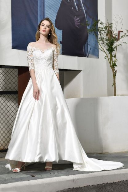 BMbridal Elegant A-Line Satin Lace 3/4 Sleeves Ankle Length Wedding Dress