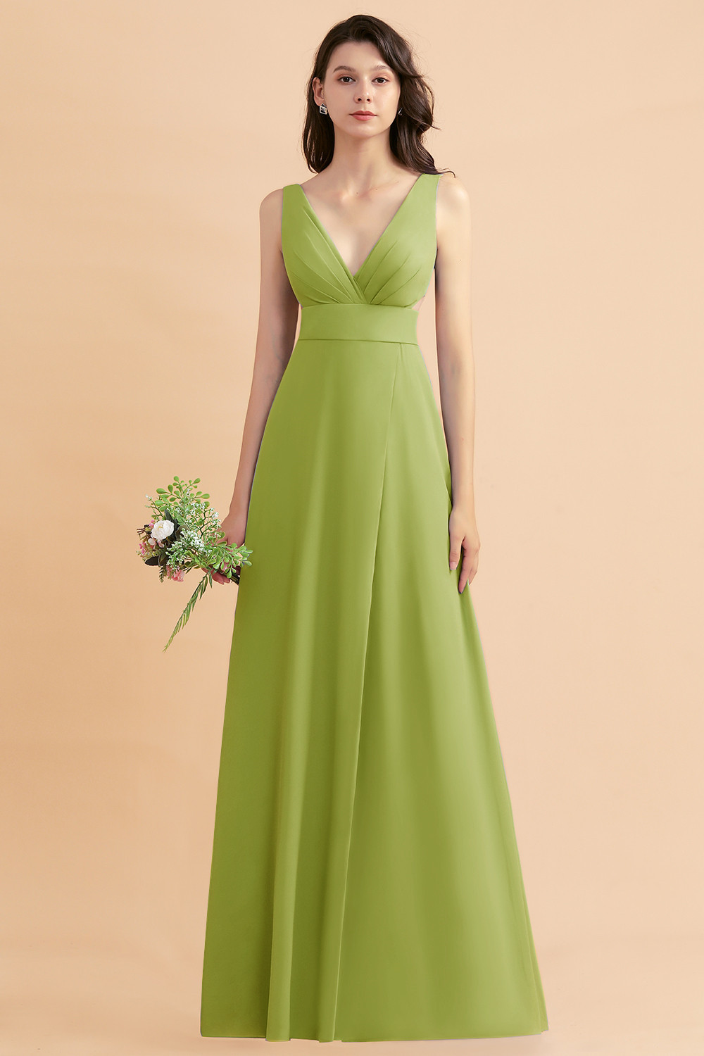 BMbridal A-Line Dusty Blue Chiffon Ruffles Bridesmaid Dress with Slit-BMbridal