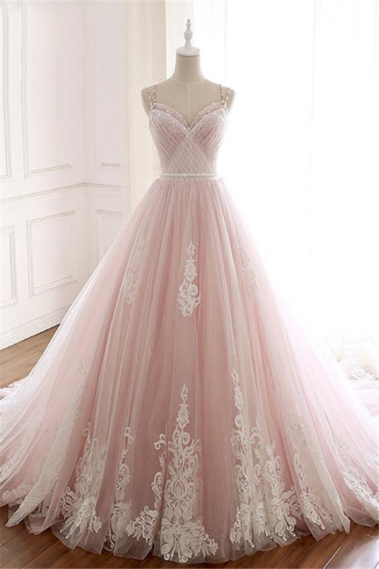 BMbridal Princess Sweetheart Lace Pink Prom Dress Long Tulle Party Gowns