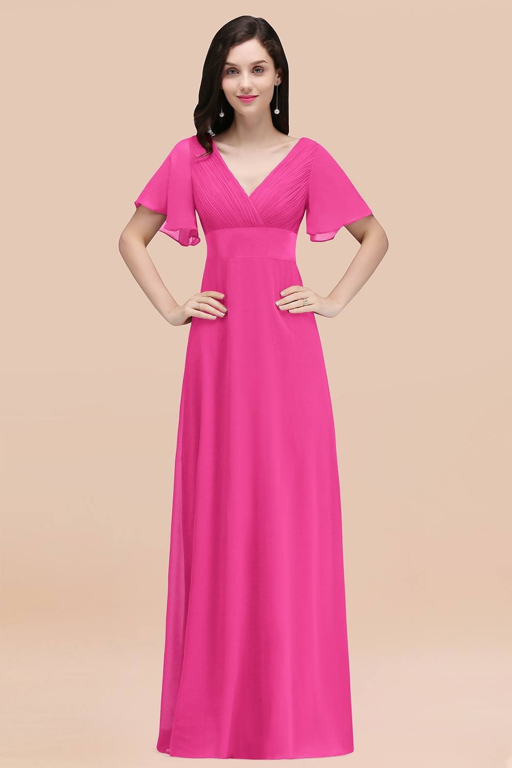 BMbridal Affordable V-Neck Ruffle Long Burgundy Bridesmaid Dress With Short-Sleeves-BMbridal