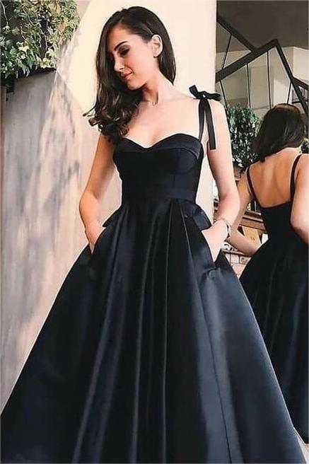 Sweetheart Black A Line Spaghetti Strap Tea Length Evening Dress With Pockets