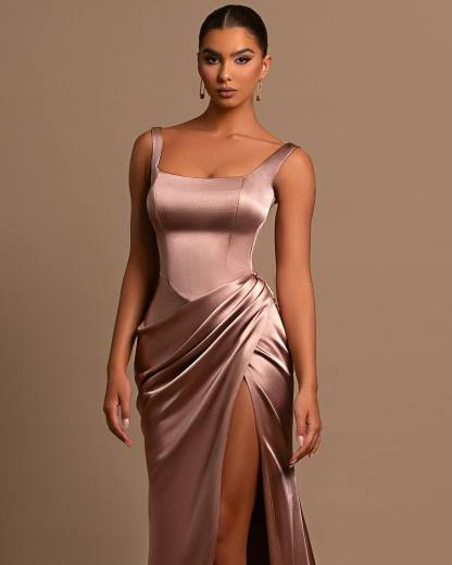 Dusty Rose Spaghetti Strap Square Neck Sleeveless Mermaid Prom Dress With Split