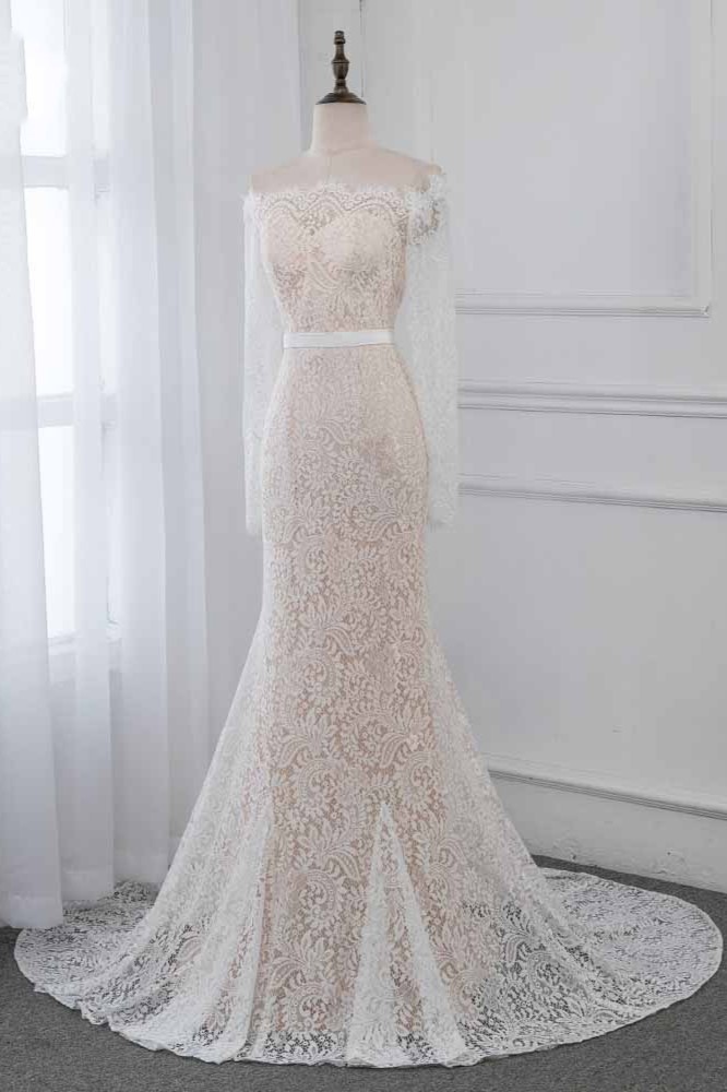 BMbridal Boho Off-the-Shoulder Champagne Wedding Dresses Long Sleeves Mermaid Appliques Bridal Gowns