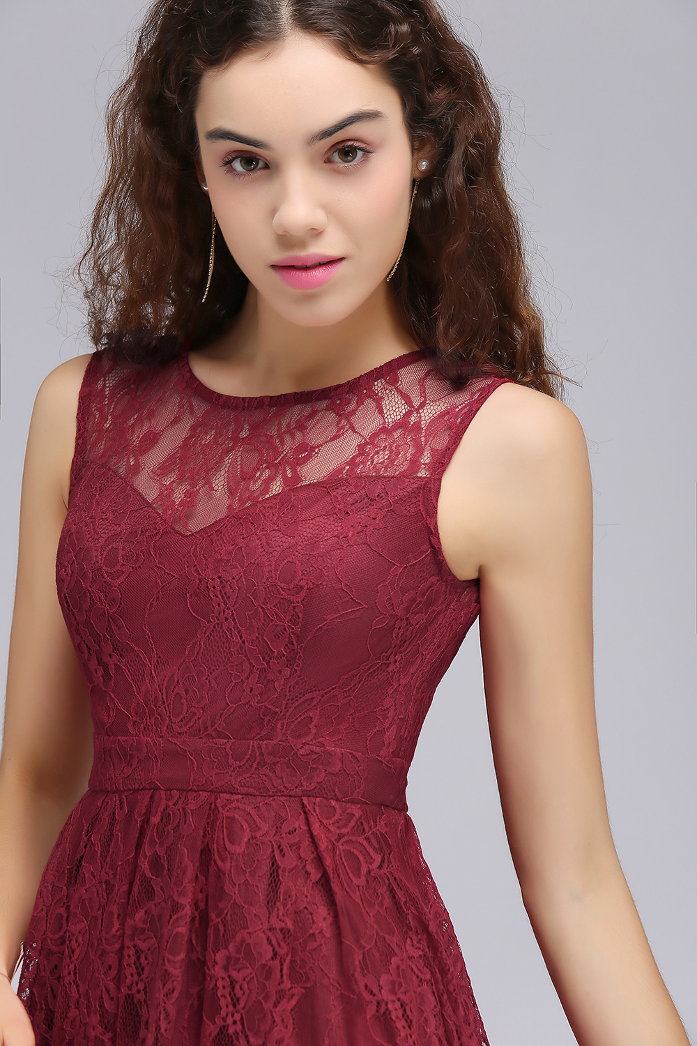 BMbridal A-Line Round Neck Short Lace Burgundy Homecoming Dress