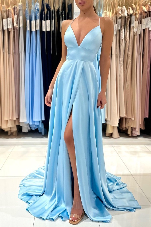 Bmbridal Sky Blue Spaghetti-Straps Prom Dress Split Long On Sale
