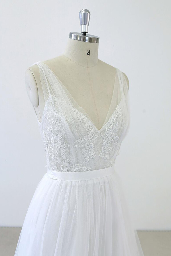 BMbridal V-neck Ruffle Applqiues Tulle A-line Wedding Dress On Sale-BMbridal