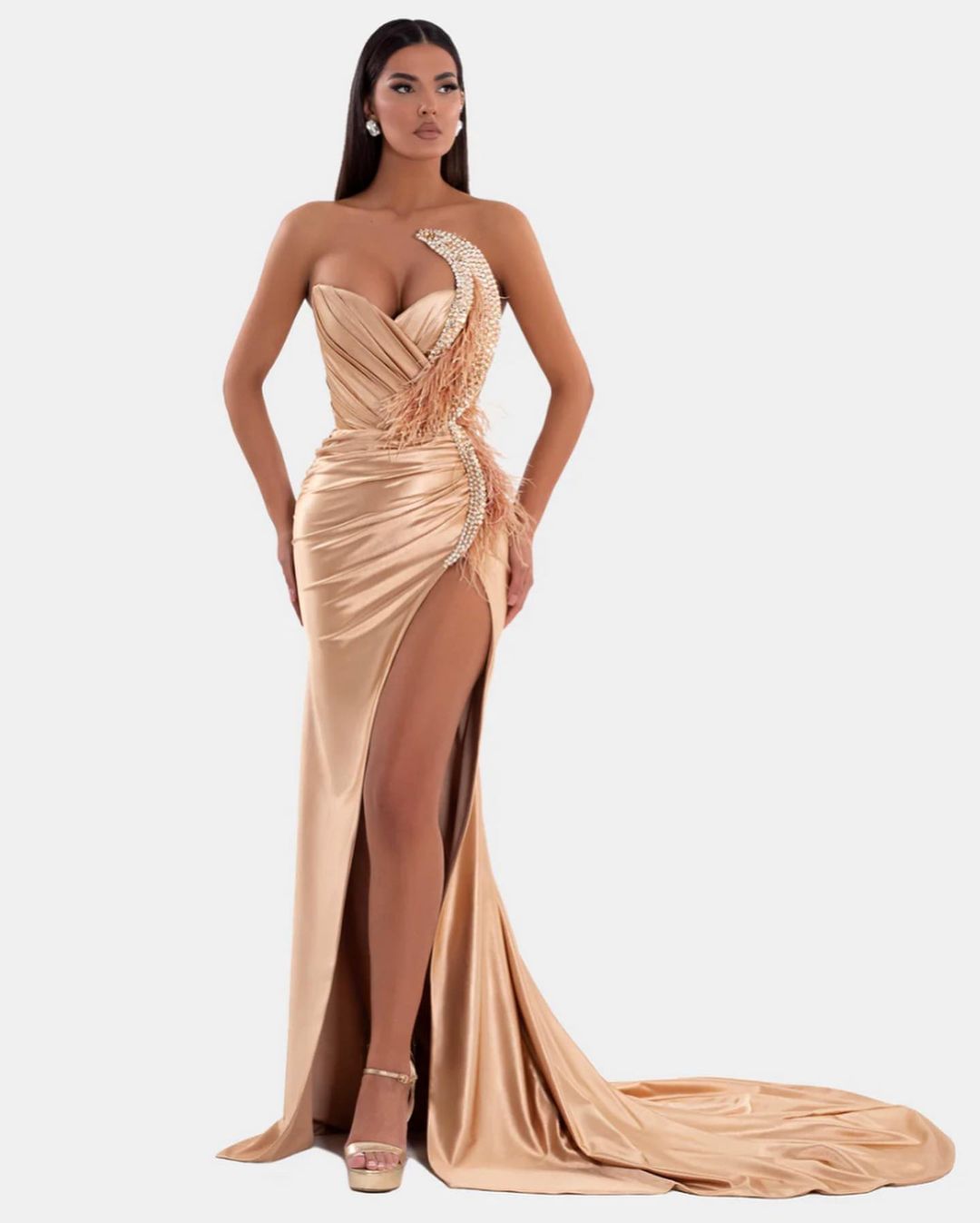 Sexy Royal Blue Prom Dress V Neck With High Slit Pleated Strapless Sleeveless