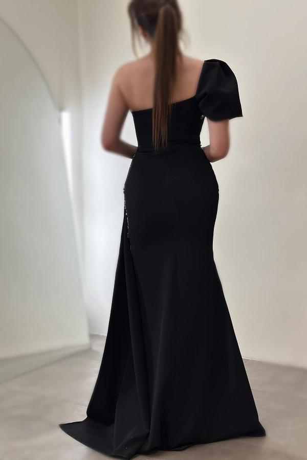 Exquisite Floor-Length Mermaid One-Shoulder Split Front Satin Prom Dresses with Beadings