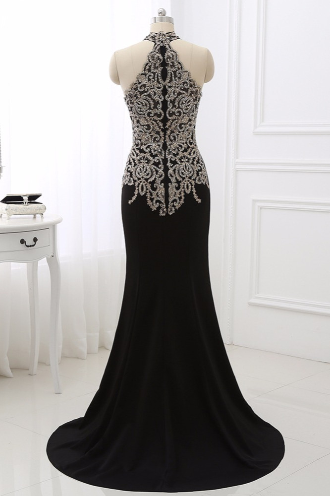 BMbridal Chic High-Neck Sleeveless Black Mermaid Prom Dresses with Appliques Beadings