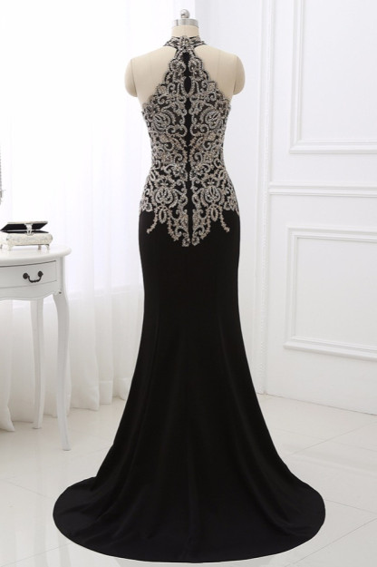 BMbridal Chic High-Neck Sleeveless Black Mermaid Prom Dresses with Appliques Beadings