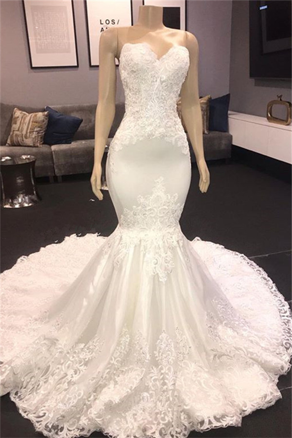 BMbridal Sexy Sweetheart Mermaid Lace Wedding Dresses With Appliques Satin Ruffles Bridal Gowns Online-BMbridal