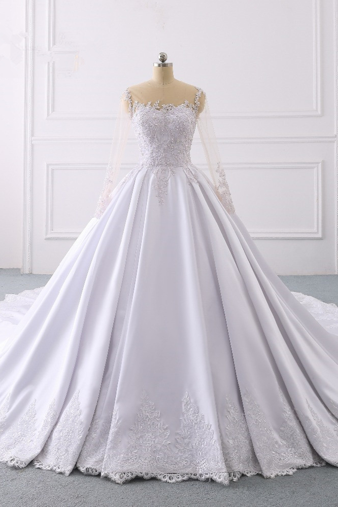 BMbridal Glamorous Ball Gown Jewel Satin Tulle Wedding Dress Long Sleeves Ruffles Lace Bridal Gowns Online-BMbridal