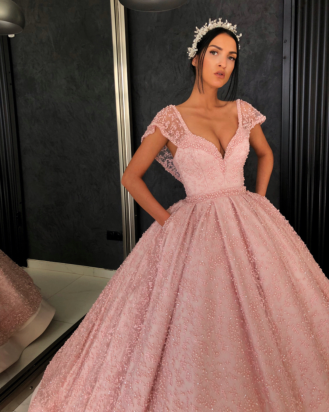 Bmbridal Cap Sleeves Ball Gown Prom Dress Pink With Pearls