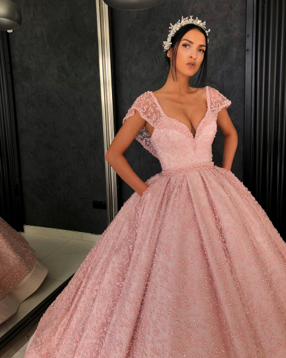 Bmbridal Cap Sleeves Ball Gown Prom Dress Pink With Pearls