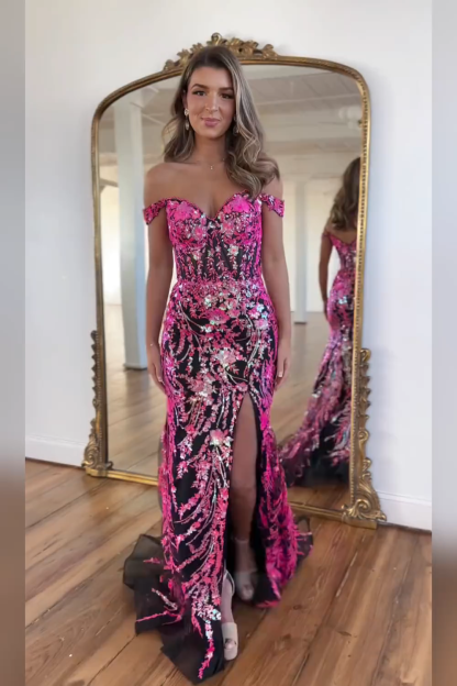 Sparkly Golden Off the Shoulder Mermaid Sequins Long Prom Dress with Slit