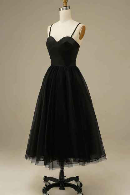Black Tulle A-line Midi Simple Prom Dress