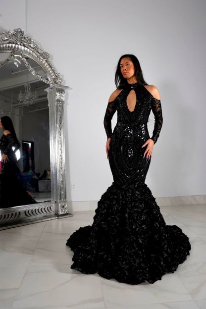 Bmbridal Black Mermiad Halter Long Sleeves Prom Dress with Appliques
