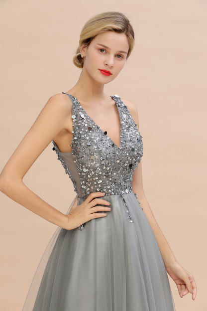 BMbridal Glamorous V-Neck Sleeveless Prom Dress Long Tulle Evening Gowns With Crystals
