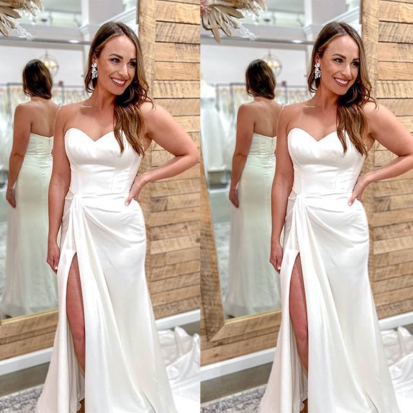 Bmbridal Ivory Satin Wedding Dress Mermaid Long With Slit-BMbridal