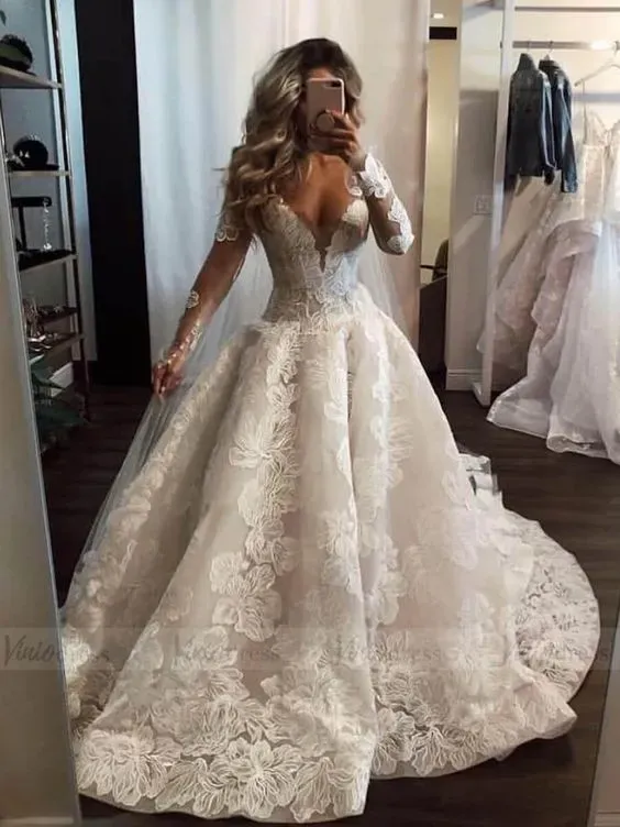 Beautiful Pearl Floor-Length A-Line Long Deep V-Neck Sleeves Wedding Dress with Appliques Lace