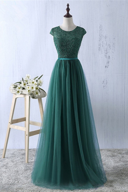 BMbridal Elegant Dark Green Tulle Jewel Prom Dresses Sleeveless with Appliques Online