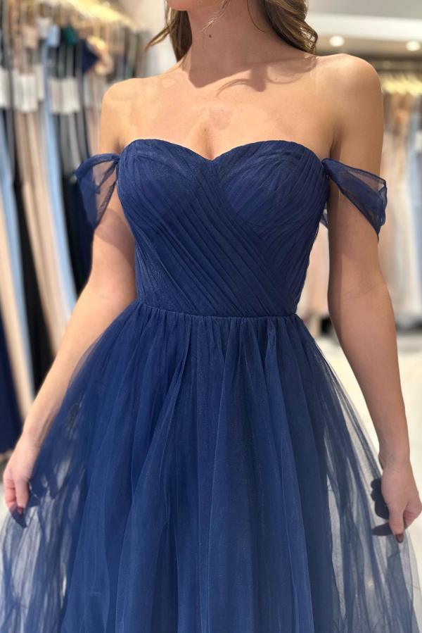 Bmbridal Dark Navy Tulle Prom Dress Long Off-the-Shoulder