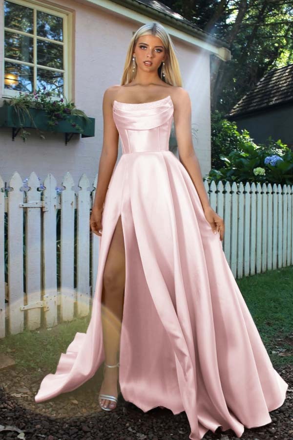 Strapless Sleeveless A Line Long Prom Dress With Split Pleated