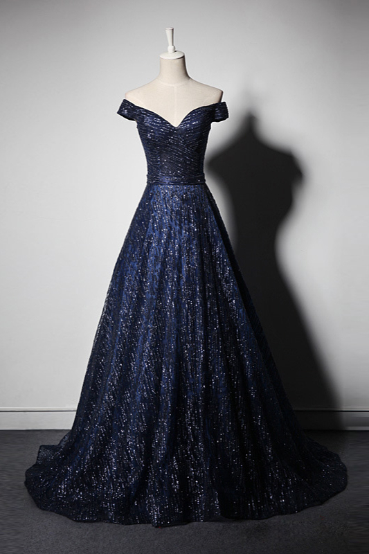 BMbridal Glamorous Off-the-Shoulder Dark Navy Prom Dresses Sweetheart Sleeveless Sequins Formal Dresses Online-BMbridal