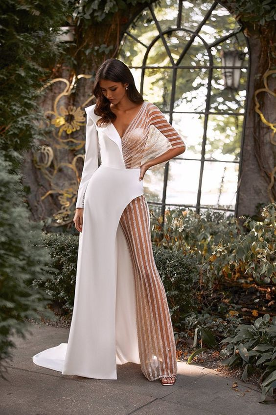 White Asymmetric V-Neck Jumpsuit Distinctive Women's Party Jump Suit