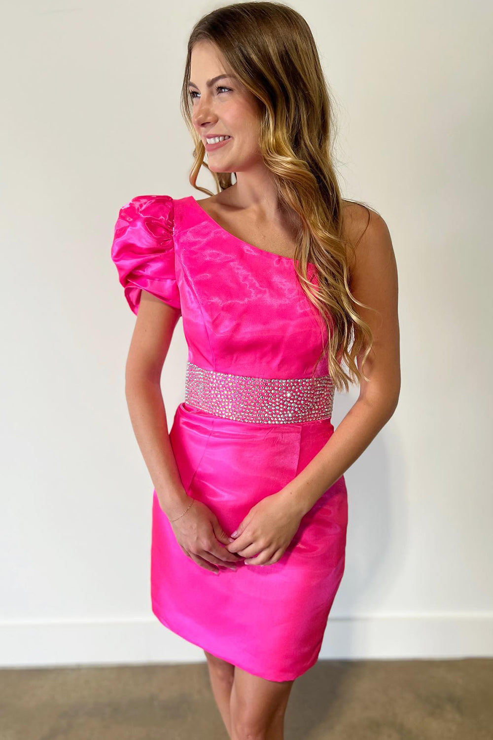 Sparkly Fuchsia Beaded One Shoulder Tight Short Homecoming Dress-BMbridal