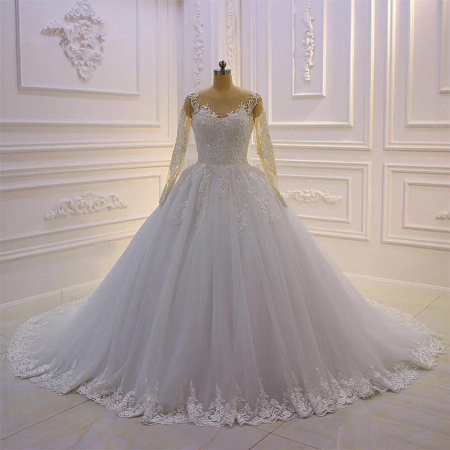 Stylish Long Sleeves Bateau Lace A-Line Wedding Dress with Tulle Pearl Appliques