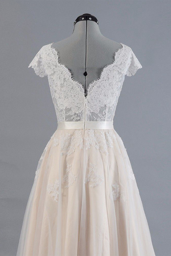 BMbridal Affordable V-neck A-line Wedding Dresses Shorts leeves Tulle Lace Bridal Gowns On Sale
