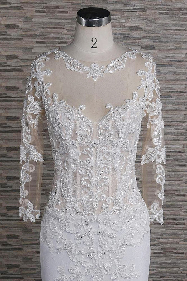 BMbridal Modest Longsleeves Jewel Lace Wedding Dresses With Appliques White Tulle Bridal Gowns On Sale-BMbridal