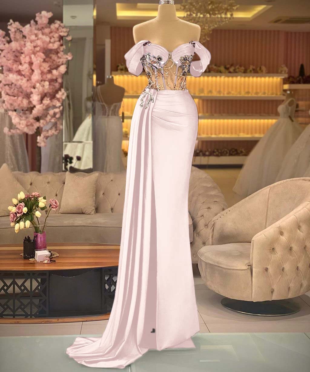 Elegant Off the Shoulder Royal Blue Beaded Sleeveless Prom Dress With Split