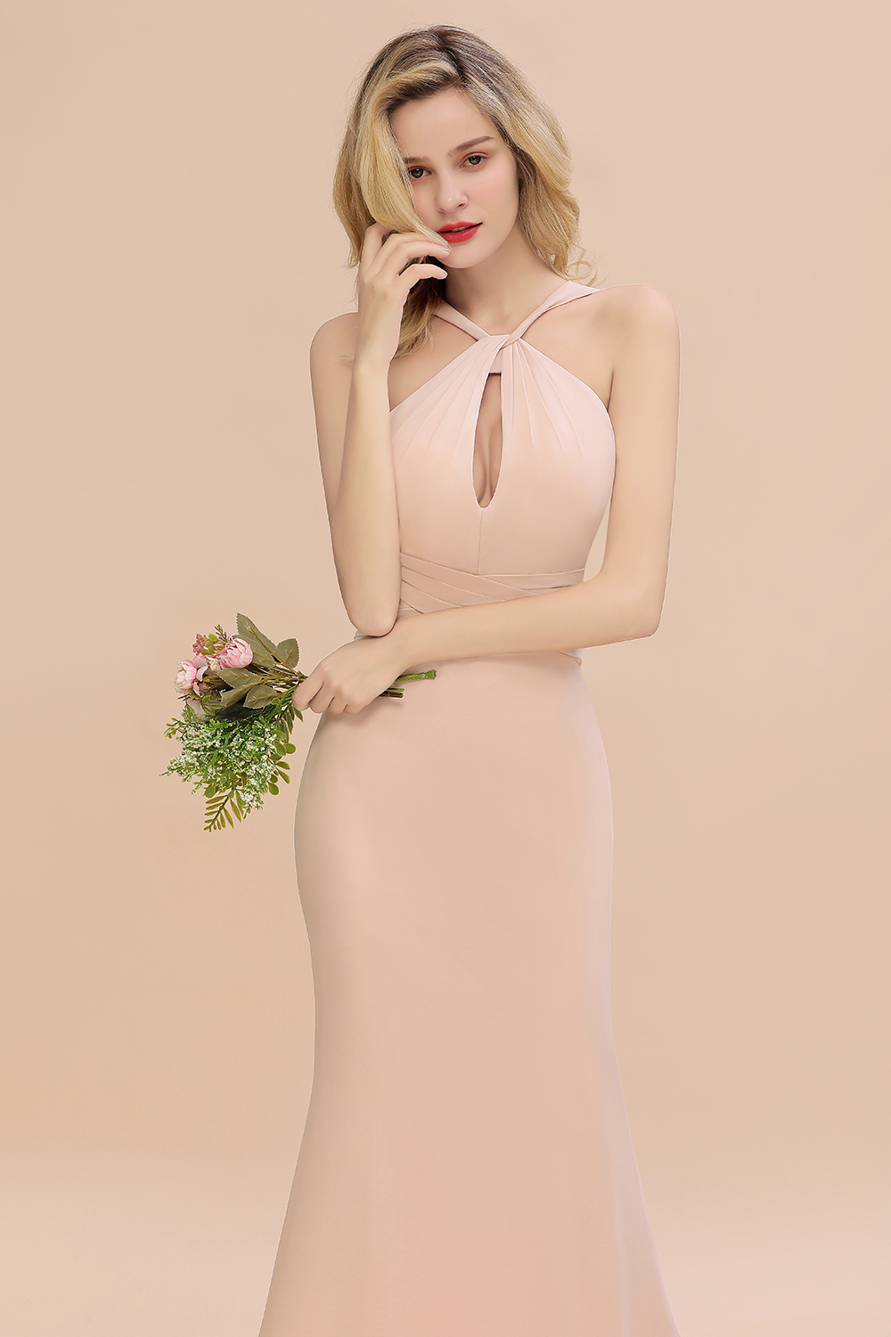 BMbridal Chic Mermaid Keyhole Pink Chiffon Long Bridesmaid Dress Affordable with Ruffle-BMbridal