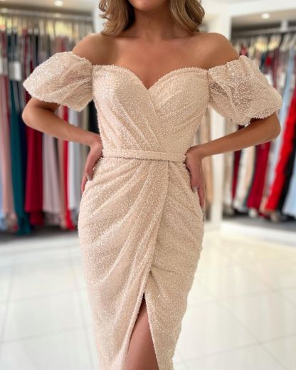 Bmbridal Off-the-Shoulder Sequins Prom Dress Short Sleeves Knee-Length