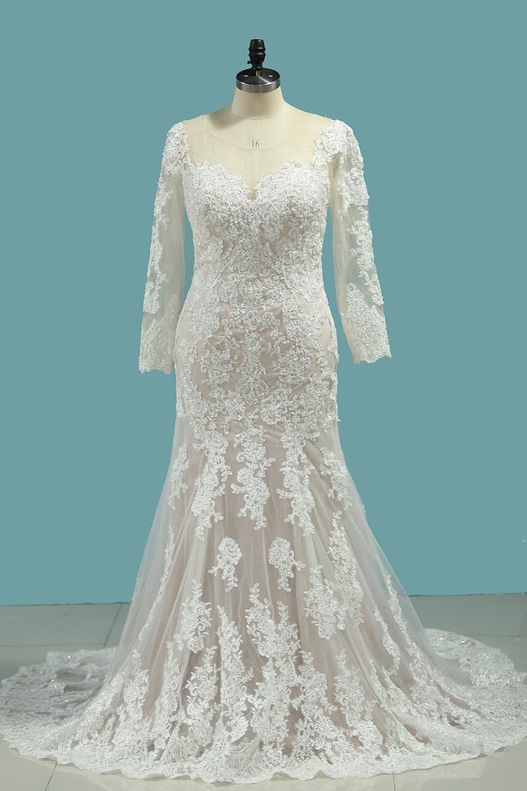 BMbridal Elegant Mermaid Jewel Tulle Lace Wedding Dress Long Sleeves Appliques Sequined Bridal Gowns Online-BMbridal