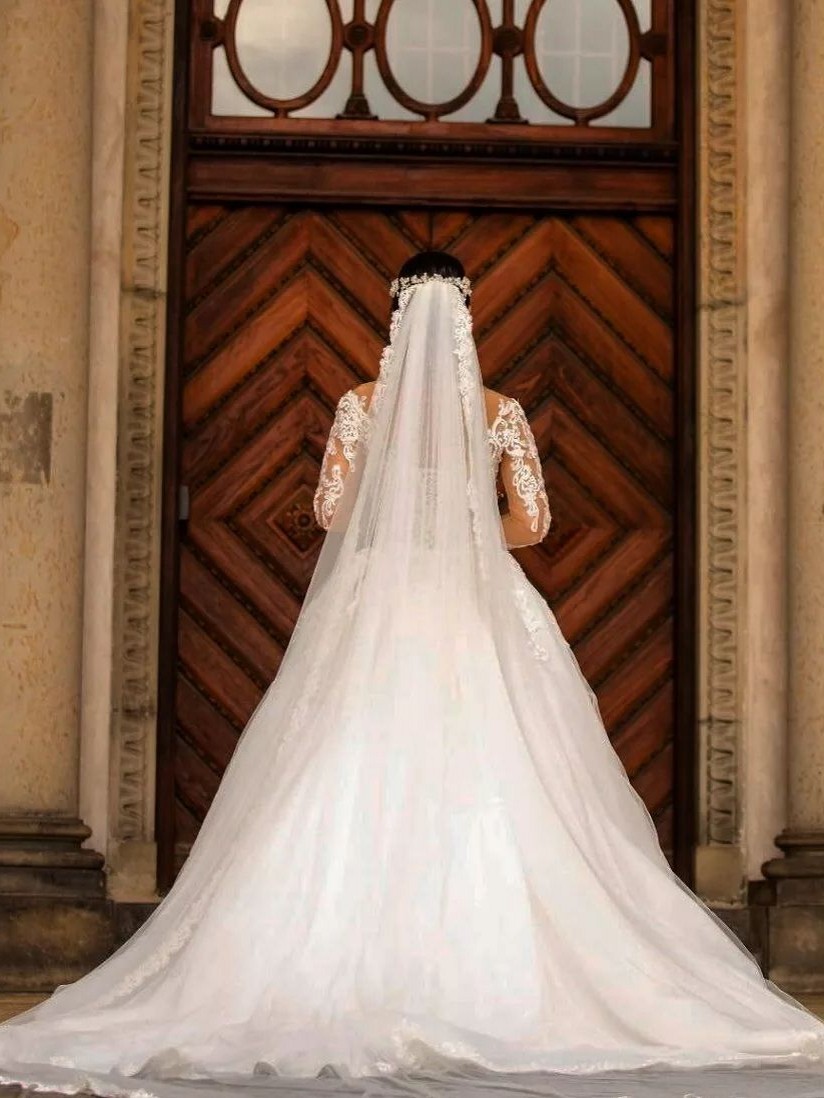 Bmbridal Long Sleeves Wedding Dress Mermaid Lace Overskirt-BMbridal