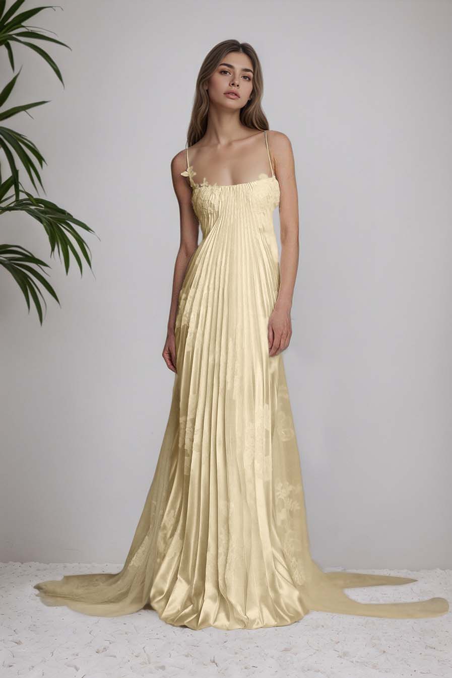 Stain Spaghetti Strap Sleeveless Long Prom Dress With Appliques