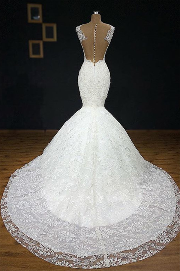 BMbridal Unique White Straps Mermaid Wedding Dresses With Appliques Tulle Ruffles Lace Bridal Gowns Online-BMbridal