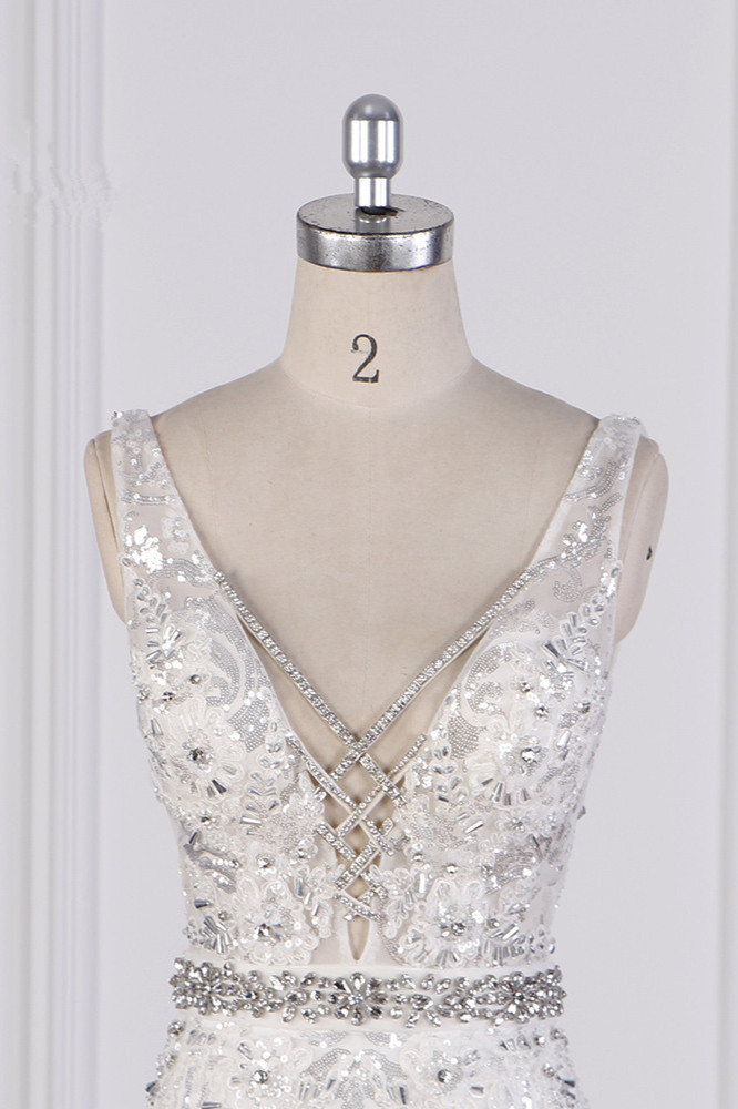BMbridal Sparkly Sequins Straps V-Neck Wedding Dress Beadings Sleeveless Bridal Gowns with Sash On Sale-BMbridal