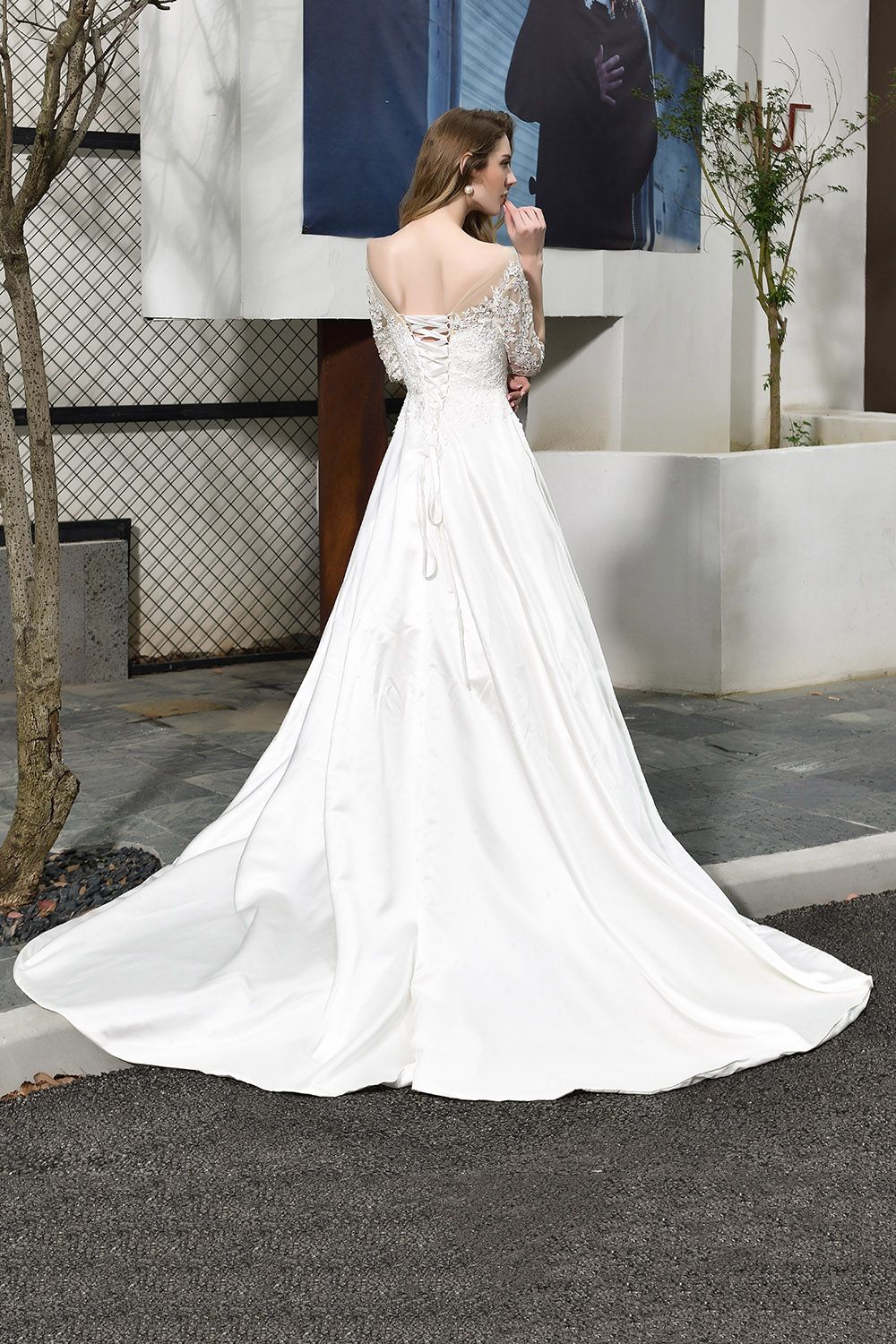 BMbridal Elegant A-Line Satin Lace 3/4 Sleeves Ankle Length Wedding Dress