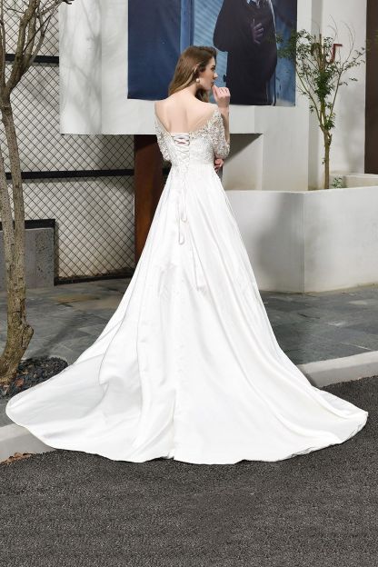 BMbridal Elegant A-Line Satin Lace 3/4 Sleeves Ankle Length Wedding Dress